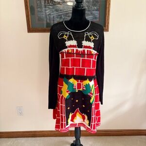 Born Famous Christmas Sweater Dress Womens XL Black Light Up Santa Chimney Knit